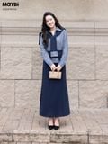 Set áo sơ mi và chân váy suông dáng midi kèm choàng cổ