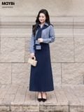 Set áo sơ mi và chân váy suông dáng midi kèm choàng cổ