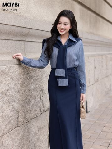 Set áo sơ mi và chân váy suông dáng midi kèm choàng cổ