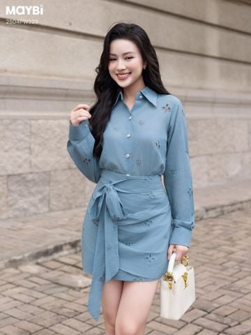Set áo sơ mi và chân váy ngắn mini cotton thêu