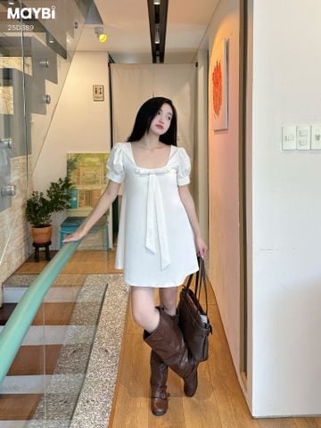 Đầm suông cổ vuông phối nơ dáng mini