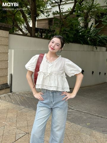 Áo croptop form rộng tay bí trắng