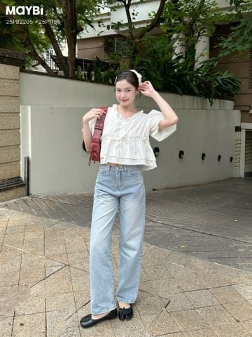 Áo croptop form rộng tay bí trắng