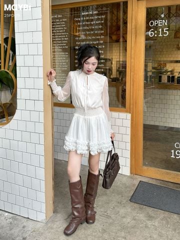 Đầm xòe nhún eo tay dài dáng mini