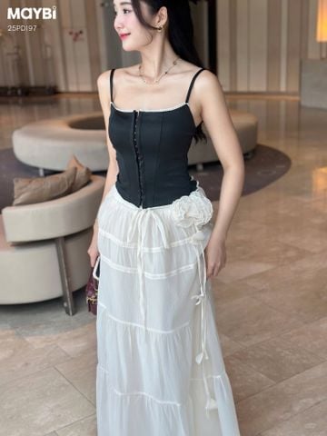 Set áo hai dây ôm đen kèm chân váy rút dây dáng maxi