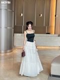 Set áo hai dây ôm đen kèm chân váy rút dây dáng maxi