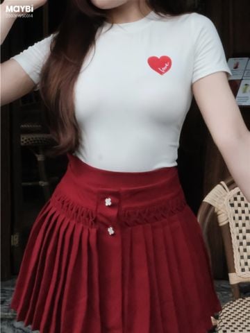 Set áo thun ôm tay ngắn phối chân váy xòe xếp ly dáng mini