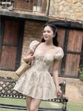 Đầm hoa xòe tay ngắn phồng dáng mini