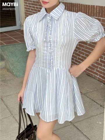 Đầm sơ mi ôm tùng xòe tay nhún phồng dáng mini