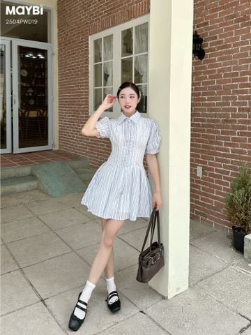 Đầm sơ mi ôm tùng xòe tay nhún phồng dáng mini
