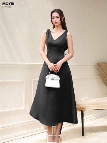 Đầm xòe phi 2 da cổ xẻ V dáng midi