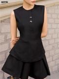 Set áo peplum cotton thái phối quần short ống rộng chiết ly trước