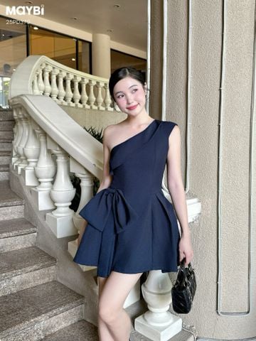 Đầm xòe lệch vai đính nơ dáng mini