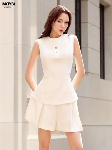 Set áo peplum cotton thái phối quần short ống rộng chiết ly trước