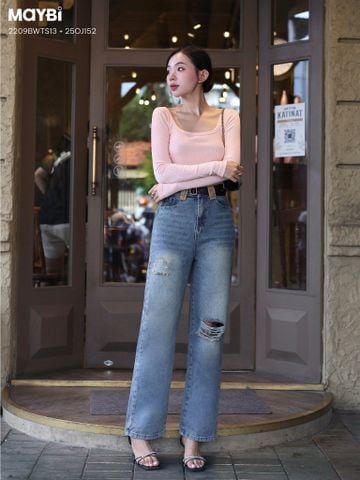 Quần jean ống suông wash rách gối