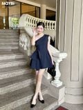 Đầm xòe lệch vai đính nơ dáng mini