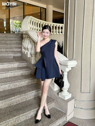 Đầm xòe lệch vai đính nơ dáng mini