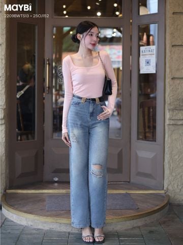 Quần jean ống suông wash rách gối