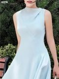 Đầm xòe tơ gân xanh xếp chéo ly dáng midi