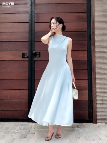 Đầm xòe tơ gân xanh xếp chéo ly dáng midi
