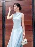 Đầm xòe tơ gân xanh xếp chéo ly dáng midi