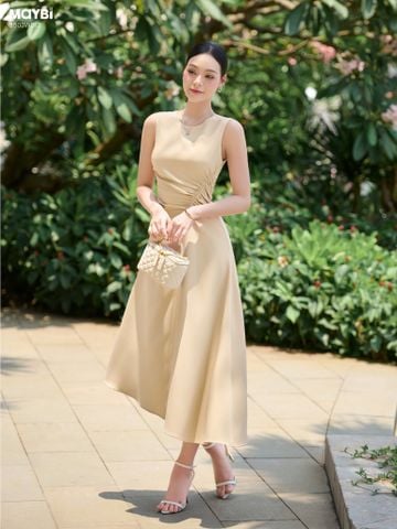 Đầm xòe cotton lạnh rút nhún dáng midi