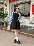 Đầm xòe cotton đen phối cổ sơ mi dáng mini