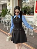 Đầm xòe cotton đen phối cổ sơ mi dáng mini