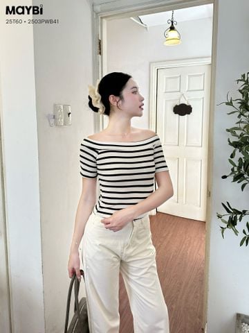 Áo kiểu ôm thun sọc trắng đen ngắn tay bẹt vai