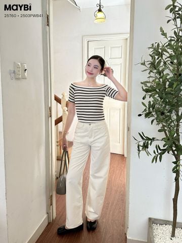 Áo kiểu ôm thun sọc trắng đen ngắn tay bẹt vai