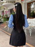 Đầm xòe cotton đen phối cổ sơ mi dáng mini