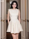 Đầm xòe cotton chấm bi kem phối ren dáng mini