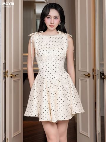 Đầm xòe cotton chấm bi kem phối ren dáng mini