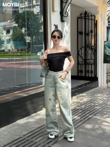 Quần jean ống suông phối nơ trang trí