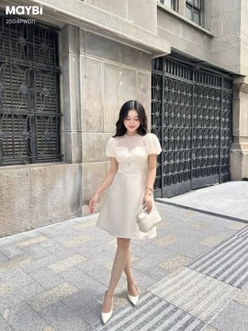 Đầm xòe tafta phối voan kem tay bí dáng midi