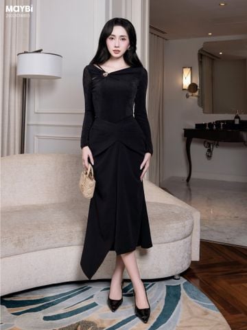Chân váy midi ôm tuyết mưa phối xếp ly kiểu