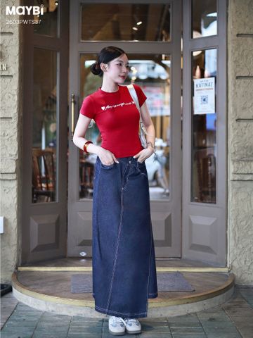 Chân váy suông jean xanh navy đắp tà kiểu