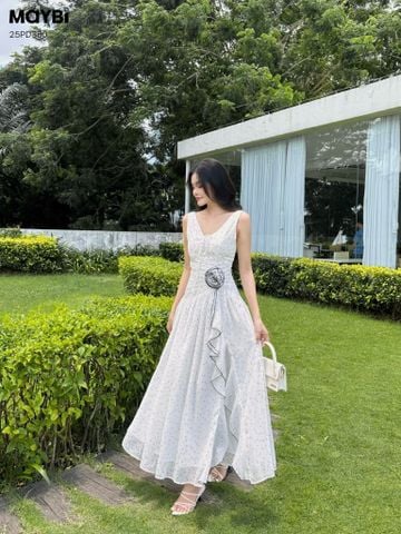 Đầm xòe cổ V xẻ tà dáng maxi