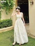 Đầm hai dây cotton thêu kem nhún xòe dáng maxi