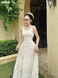 Đầm hai dây cotton thêu kem nhún xòe dáng maxi