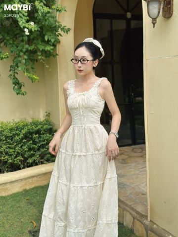 Đầm hai dây cotton thêu kem nhún xòe dáng maxi