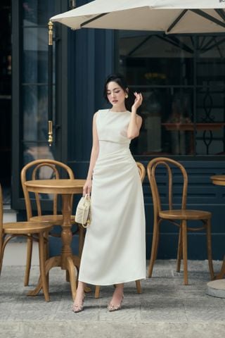 Đầm form ôm tùng A cotton thái  đắp nhún kiểu dáng midi