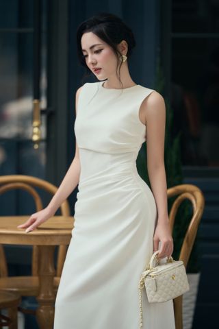 Đầm form ôm tùng A cotton thái  đắp nhún kiểu dáng midi