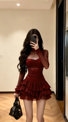 Đầm xòe tầng dài tay dáng mini