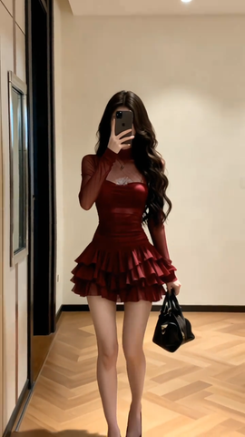 Đầm xòe tầng dài tay dáng mini