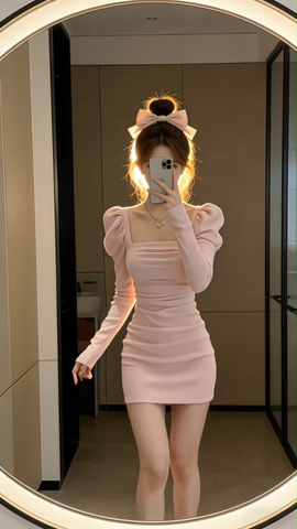 Đầm ôm cổ vuông dài tay dáng mini