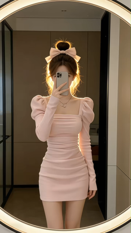 Đầm ôm cổ vuông dài tay dáng mini