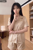 Bộ pyjama ngắn suông lụa tay ngắn viền