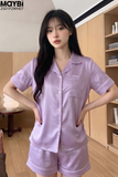 Bộ pyjama ngắn suông lụa tay ngắn viền