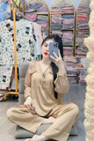 Bộ pijama dài lụa gấm xước cổ phối ren tay dài